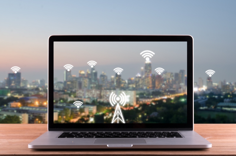 labtop and city scape and network connection concept